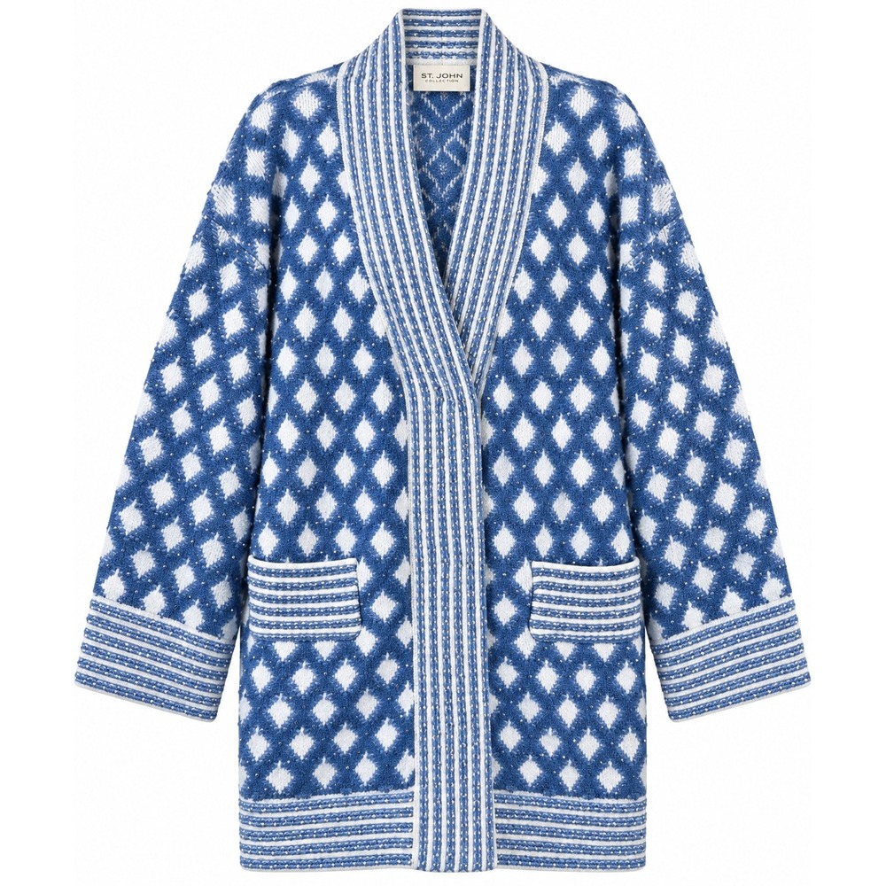 Vita Grace Blue White Pearl Embellished Oversized Cardigan Sweater One Size